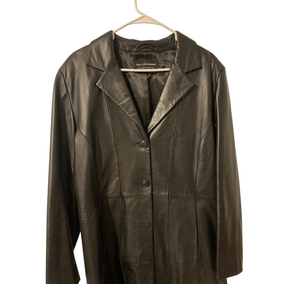 Bod & Christensen Coat Womens 12 Black Leather Button Front Long Jacket Trench - Picture 3 of 6